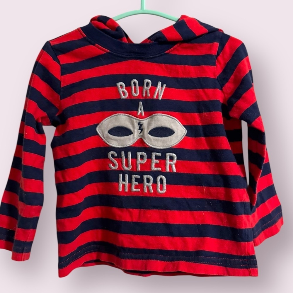 Carter’s Born Superhero Hoodie Red Navy Striped Toddler 18M